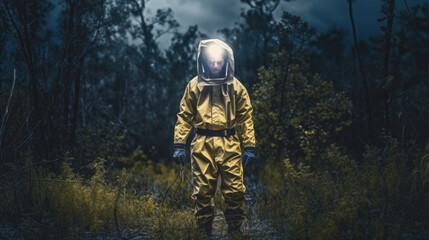 Fototapeta premium Deep in the forest, an explorer in a storm suit, generative ai