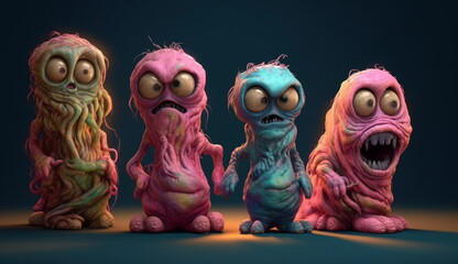 A group of small monsters with scary faces are terrorizing the night. Created by Generative Ai.