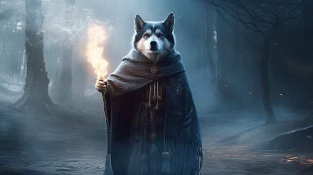 Husky as a wizard on his quest, generative ai