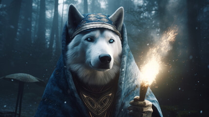 Husky as a wizard on his quest, generative ai