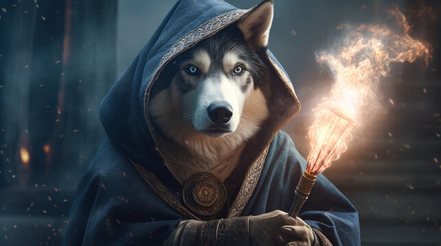 Husky as a wizard on his quest, generative ai