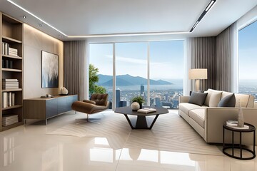 Naklejka na ściany i meble A living room with a view of the city