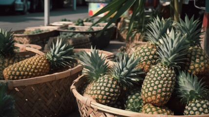 pineapple in the market, basket full of pineapple, generative ai