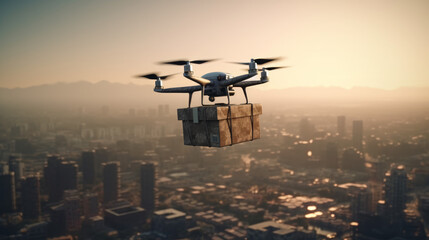 flying drone delivers a package in city, sunset over the city, generative ai