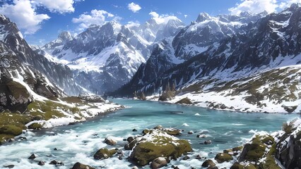 Fototapeta na wymiar Alpine Mountains Landscape on a Bright Sunny Summer Day with Mountain River and Snowy Peaks