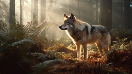 wolf on a meadow, wolf in a misty conifers wood, generative ai