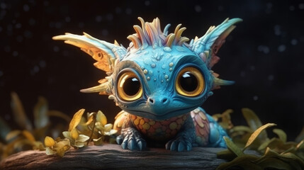Fototapeta na wymiar Glowing funny baby dragon with feathers, generative ai