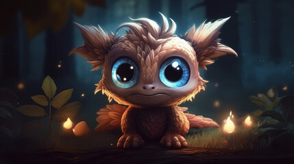 Fototapeta premium Glowing funny baby dragon with feathers, generative ai