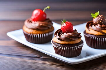A plate of chocolate cupcakes with chocolate frosting and a strawberry on top