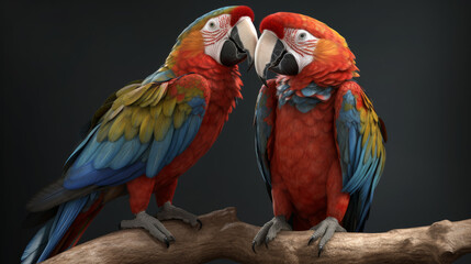 blue and yellow macaw, macaw couple, two parrots on a branch, generative ai