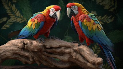 Fototapeta na wymiar blue and yellow macaw, macaw couple, two parrots on a branch, generative ai