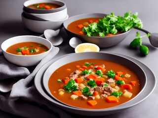 A bowl of soup with sausage and vegetables