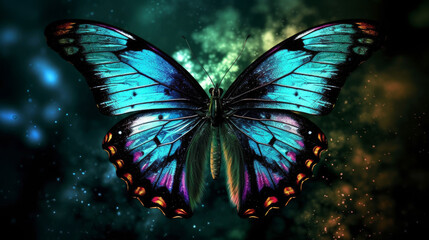 butterfly on the flower, magical butterfly with a lot of colors, generative ai