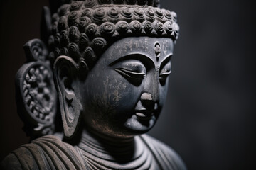 Fototapeta na wymiar Generative AI. Meditating Buddha Statue on dark background. Soft focus. Close up. Copy space