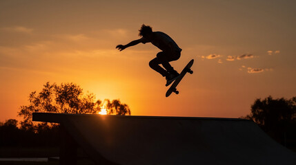 Silhouette of jumping skateboarding young person. Created using generative AI.