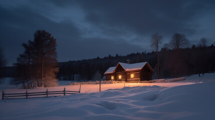 Wooden cabin on the edge of the forest in winter. Created using generative AI.