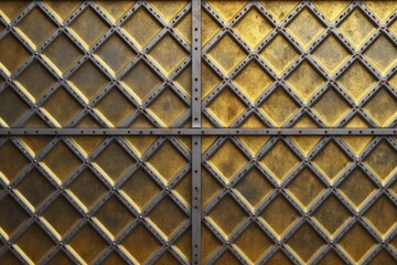 Seamless diamond knurl metal floor plate background texture. Tileable rusted scratched yellow striped bulkhead panel pattern. Generative AI