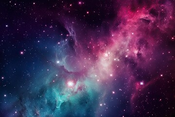 Fototapeta na wymiar Seamless space texture background. Stars in the night sky with purple pink and blue nebula. A high resolution astrology or astronomy backdrop pattern. Generative AI