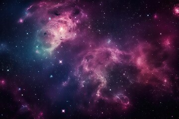 Seamless space texture background. Stars in the night sky with purple pink and blue nebula. A high resolution astrology or astronomy backdrop pattern. Generative AI