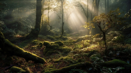 Morning in the forest. Created using generative AI.