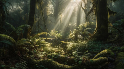 Rain forest in the morning. Created using generative AI.