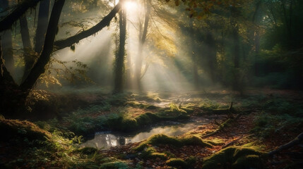 Sun rays in the forest. Created using generative AI.