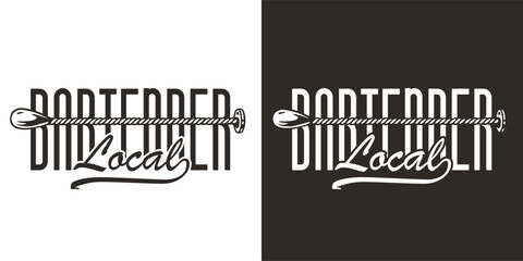 Bartending logo or design print with bar spoon for bartender. Chromed metal muddler spoon or cocktail tool for barman.