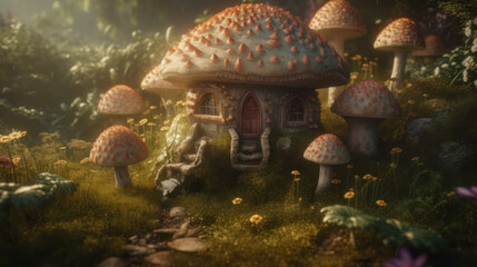 Fototapeta na wymiar Pretty little faires flying around toadstool mushrooms, generative ai