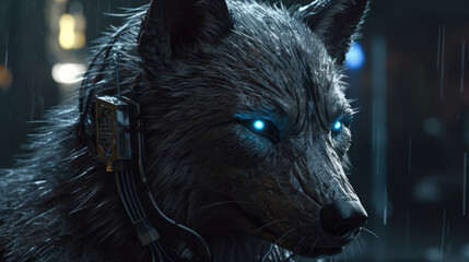 scary cyberpunk wolf detailed portrait, generative ai