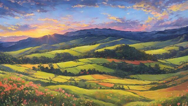  Peaceful Landscape Painting of Blue Mountains and Green Fields with Pink Flowers and a Sunset Sky
