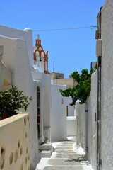 Ruelle étroite, pittoresque et colorée en été avec un clocher dans le quartier Mesana, Emporio, Santorin, Grèce, Europe 3