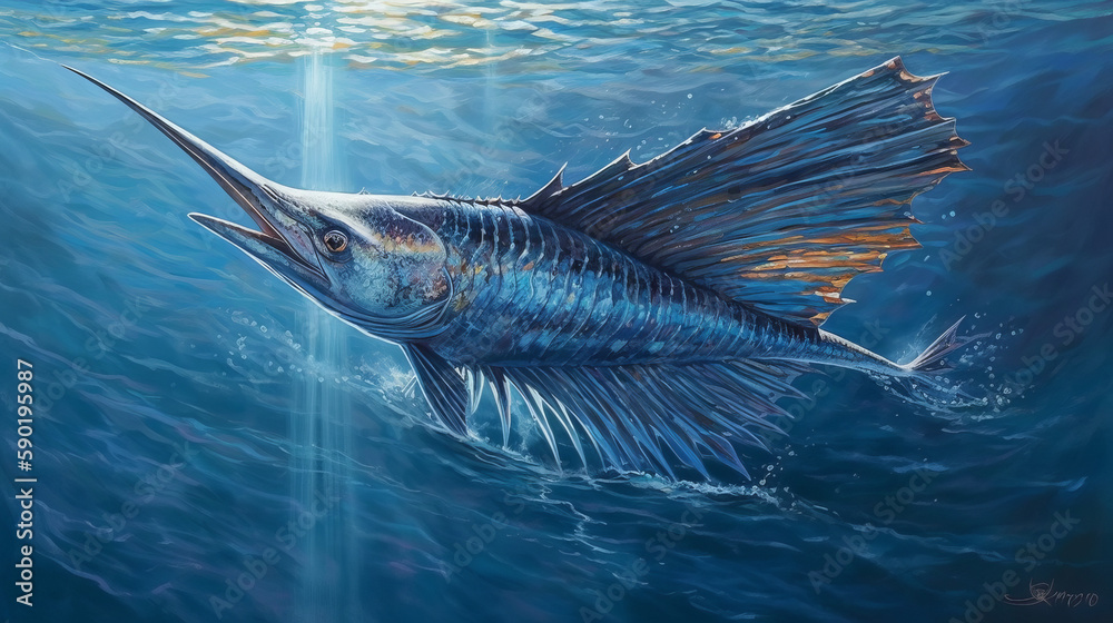 Wall mural Magnificent sailfis in an ocean, underwater see on sailfish, generative ai