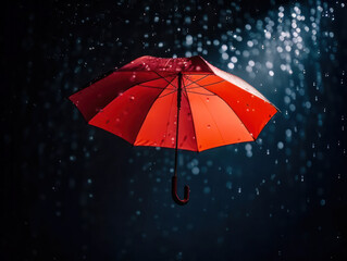 red umbrella on a dark night in the light of a lantern under a downpour. generative AI