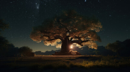 Fototapeta na wymiar Huge tree with soft light under the night sky, generative ai