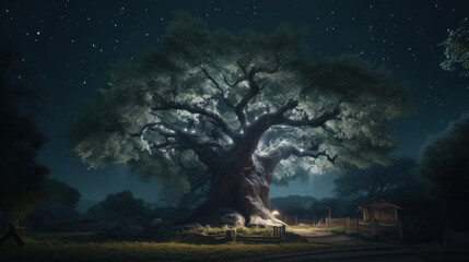 Huge tree with soft light under the night sky, generative ai