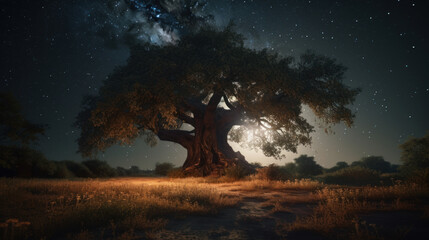 Fototapeta na wymiar Huge tree with soft light under the night sky, generative ai
