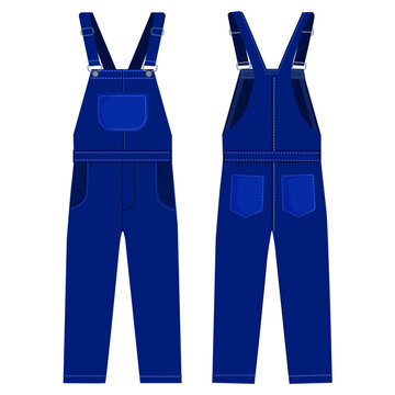 blue color overalls for work-wear or uniform design isolated on white background, front and back view,  vector illustration.