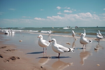 Fototapeta na wymiar Seagulls On The Beach Against The Background Of The Sea, Summer Day, Made Using Generative Ai