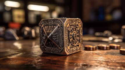 Metal dice with multiple sides looks like fantasy stone, generative ai