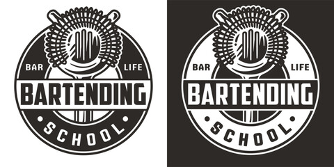 Bartender design with strainer for bartending school. Chromed metal equipment or cocktail bar tool for barman.