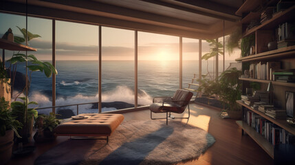 Fototapeta premium View of den inside a modern home with large glass wall, generative ai