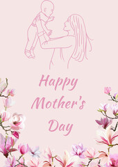 Happy Mother's Day illustration.Cherry blossoms on pink background