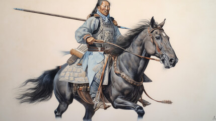 Fototapeta na wymiar Watercolor painting a samurai on horseback, generative ai