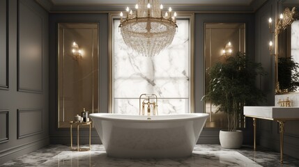 A luxurious bathroom with a freestanding bathtub and a chandelier, surrounded by sleek marble and gold fixtures. Generative AI