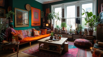 Fototapeta na wymiar A vibrant and bohemian living room with bold patterned textiles and a gallery wall of eclectic art. Generative AI