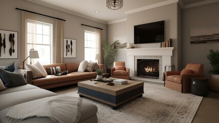 Fototapeta premium A cozy and inviting family room with comfortable seating and a statement fireplace, perfect for family movie nights. Generative AI