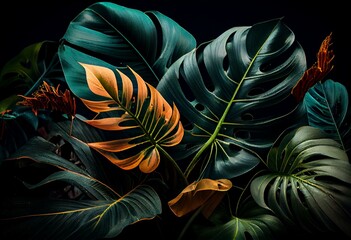 Tropical leaves closeup with a dark background. Generative AI