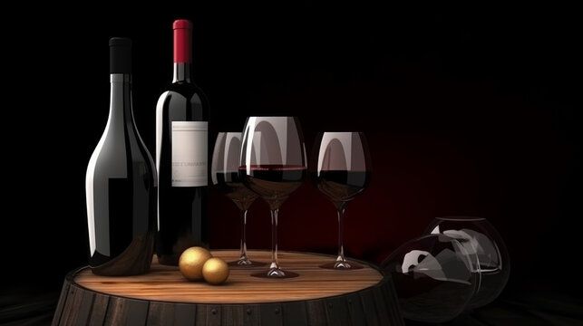 Wine glasses and wine bottles with barrels in background, generative ai