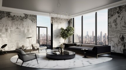 A modern and stylish living room with a statement chandelier and bold patterned wallpaper, framed by city skyline views. Generative AI
