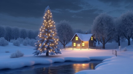 Winter christmas tree on snow with lights and house in background, generative ai